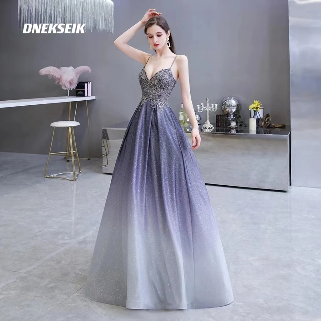 

Elegant V-neck Gradient Prom Dresses Sexy Sleeveless Glitter applique Beading Formal Party Dress