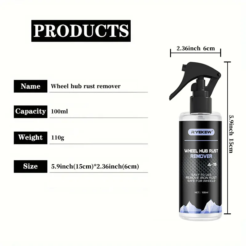 Wheel Iron Remover 100ml Alloy Wheel Cleaner Spray Brake Dust Iron & Rust Remover for Chrome/Alloy Rims