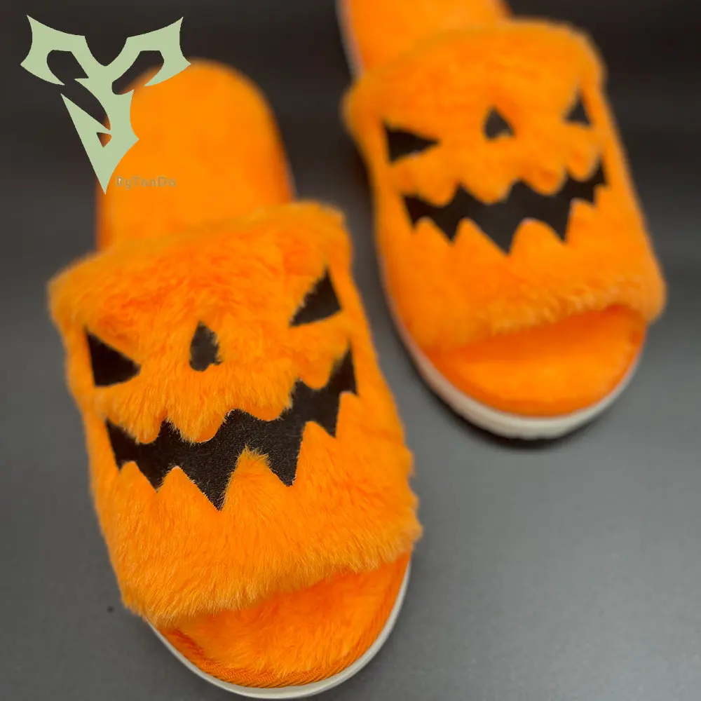 Halloween Pumpkin Plush Slippers Pink Orange 2022 Autumn Soft Furry Comfort Outdoor Fuzzy House Plushie Slippers 6