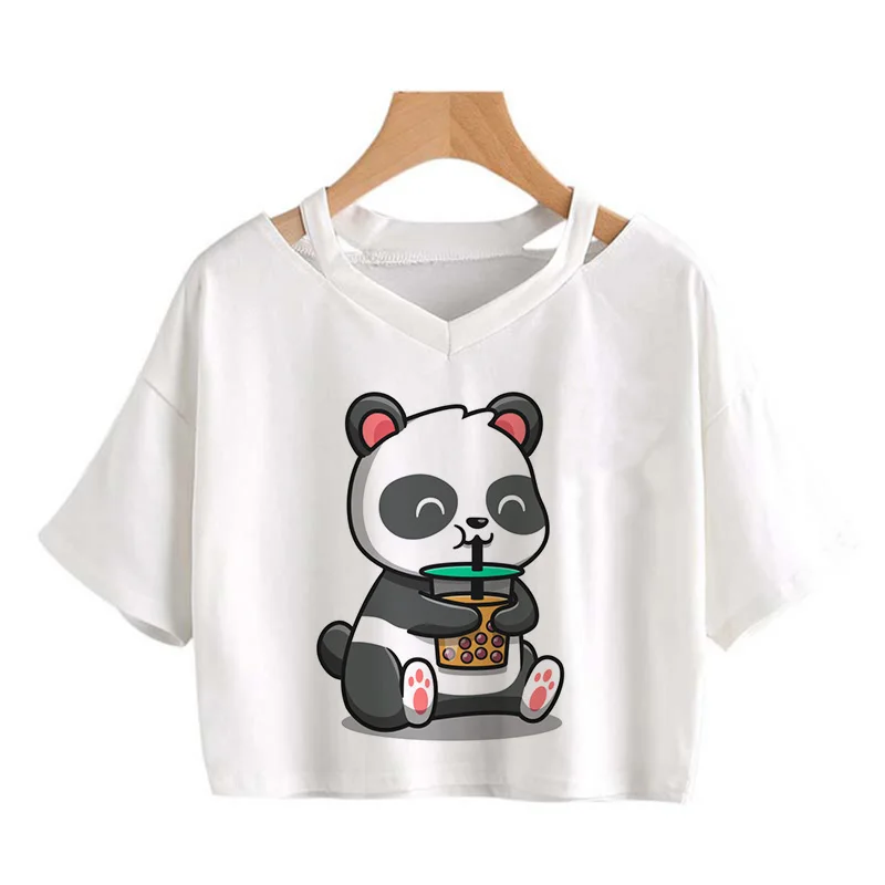 Kawaii Crop Tops for Girls Cute Korean Style T-shirt Women Panda Milk Tea Graphic T Shirt Cartoon Haruku Y2k Tee Tshirt111_voghion.com