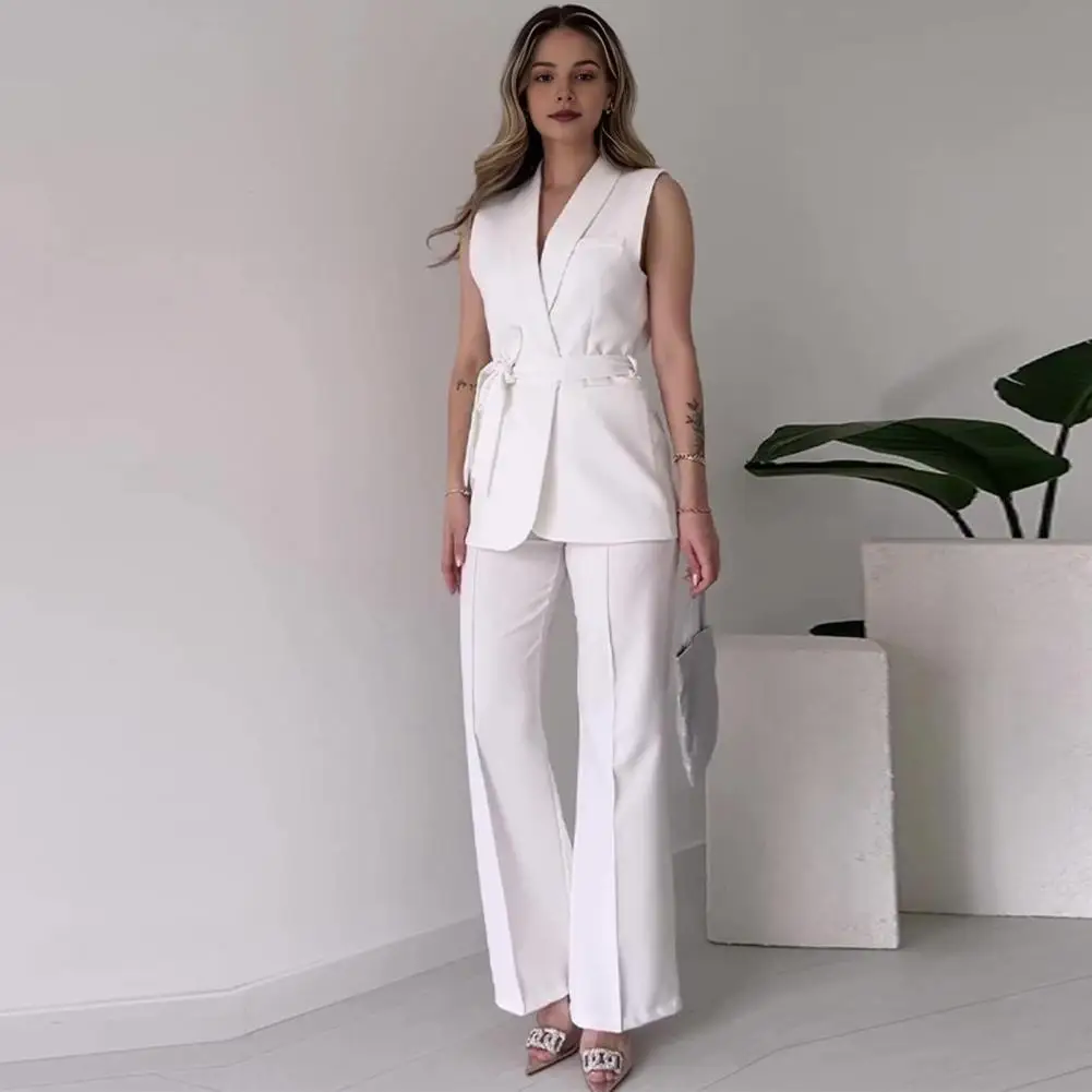 Formal Vest Pants Set Elegant Women's Formal Commute Outfit Set With V Neck Lace-up Cardigan High Waist Wide Leg For Lady's