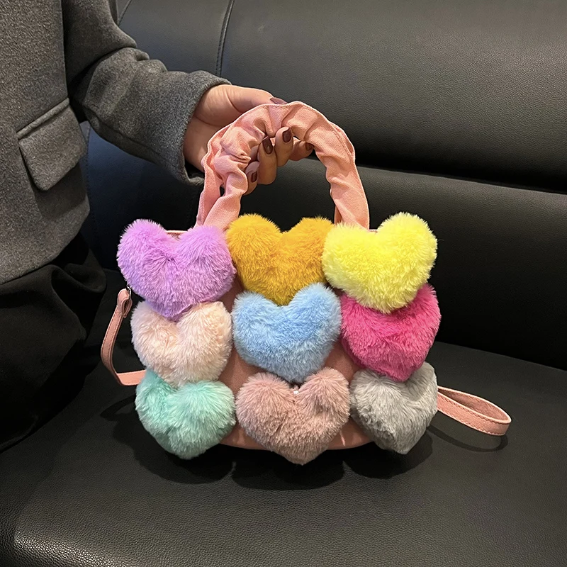

Ladies Denim Tote Bag Winter Cute Color Contrast Heart Shape Plush Fur Handbag Colorful Love Cowboy Shoulder Crossbody Bag 2022