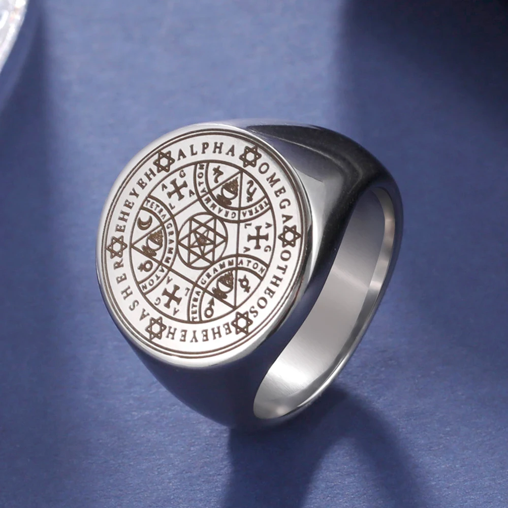 Dawapara Enochian Seal Stainless Steel Ring Alpha Omega Archangels