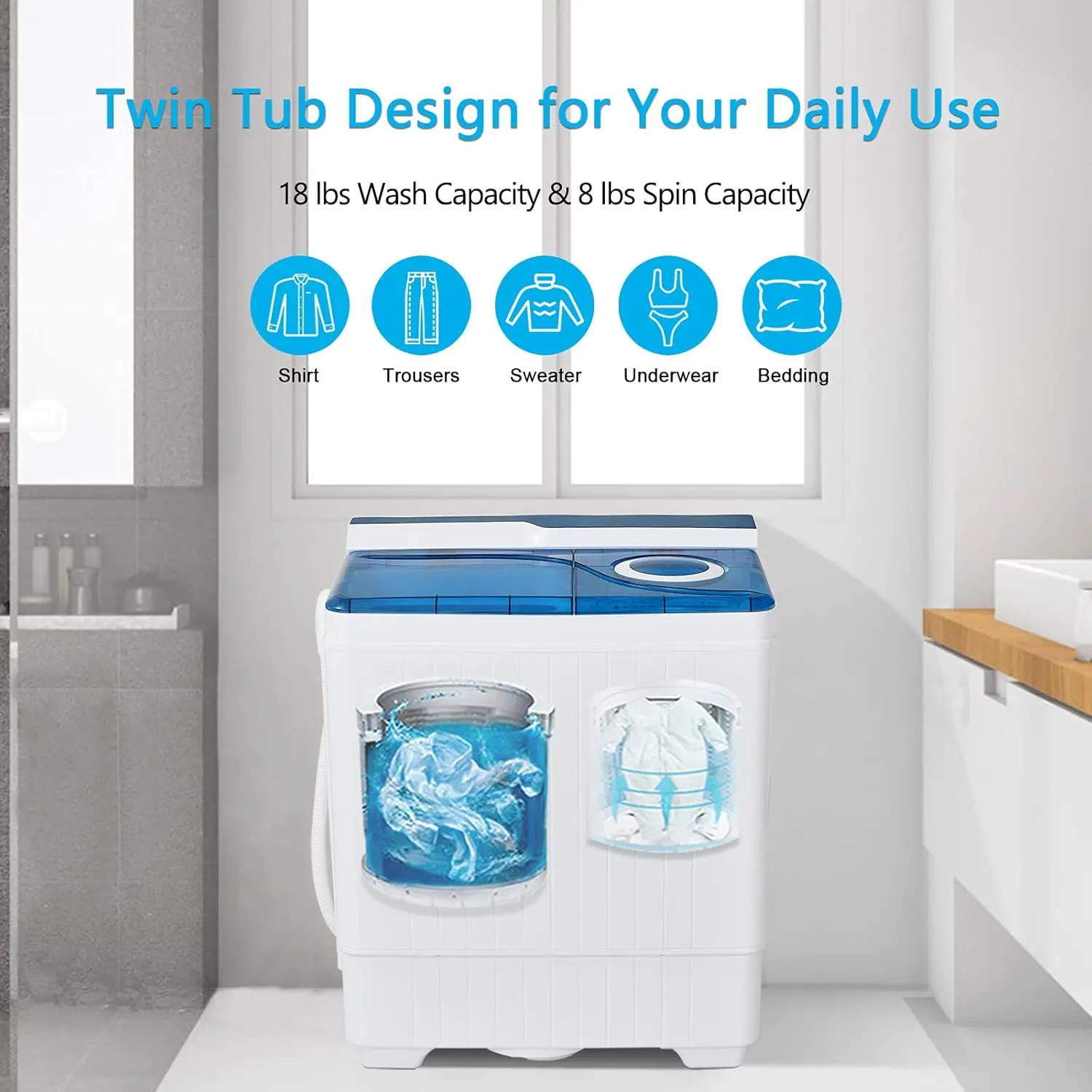 Portable Washing Machine Twin Tub 26 Lbs Capacity, 18 Lbs 8 Lbs Spinner, Compact Control Knobs Timer Function 5