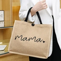 Women Tote Bag Fashion Mama Letter Printing Linen Handbag Large Capacity Baby Diaper Bag Casual Shopping Shoulder Bag Mom Gifts 1