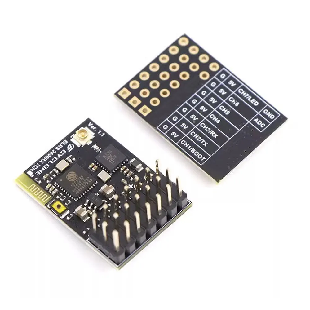 Récepteur ExpressLRS 2.4GHz PWM 7CH avec variomètre intégré, à côté d'une aile de planeur RC pour illustrer la taille