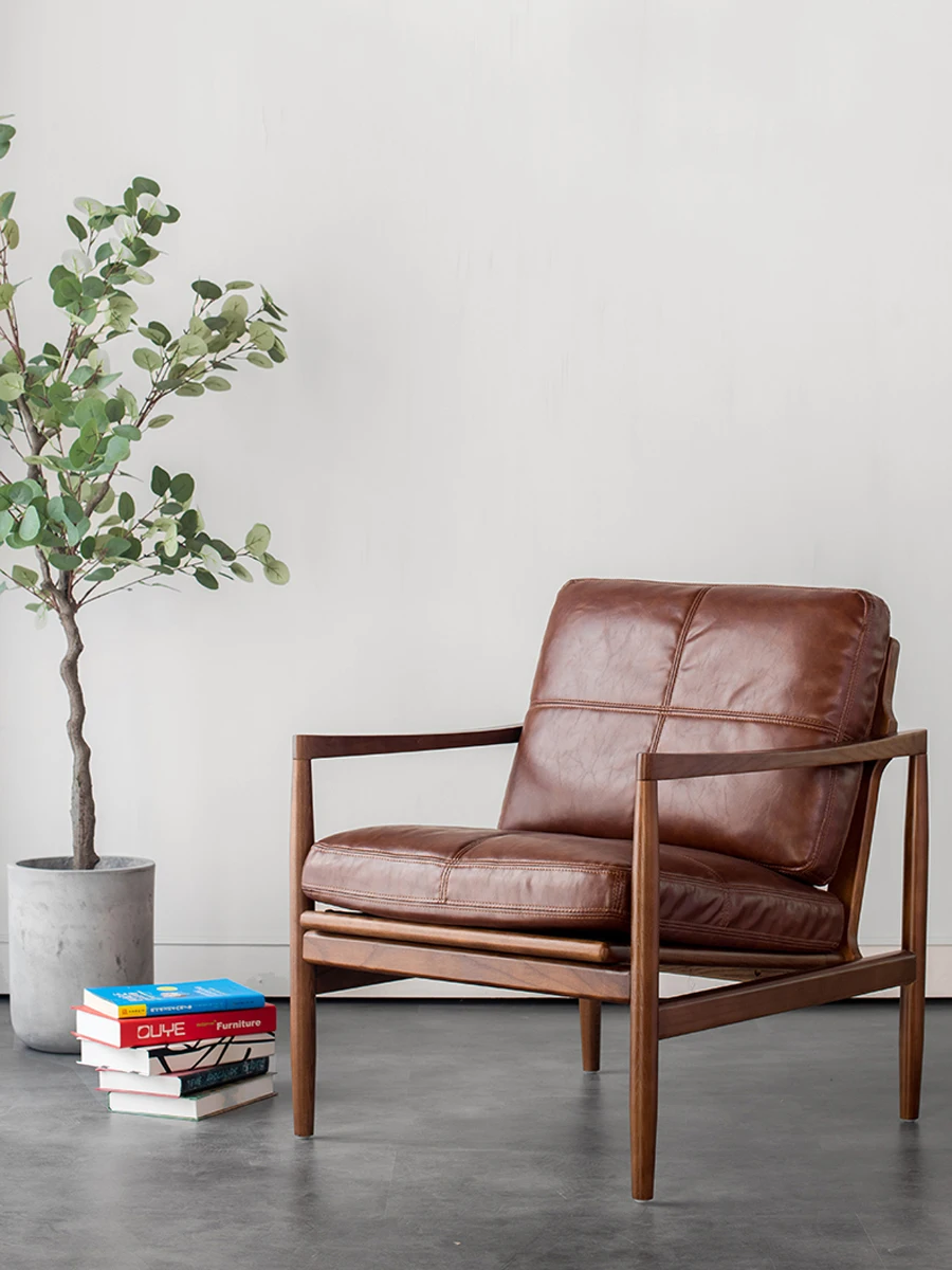 

XK Nordic Retro Single-Seat Sofa Chair Solid Wood Leisure Bedroom Living Room Balcony Lazy Genuine Leather Chair