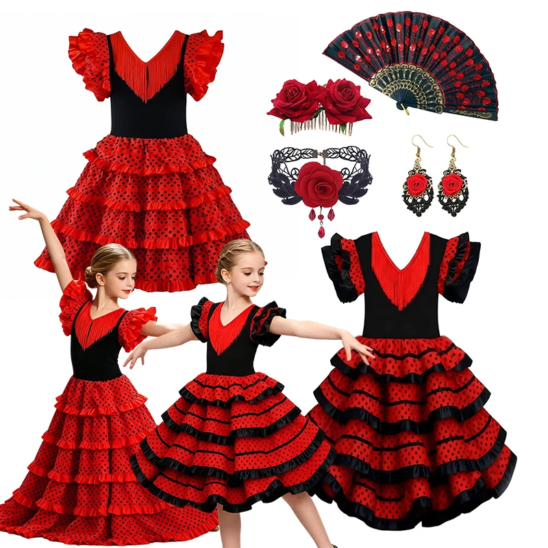 Mädchen Rot-Schwarzes Spanisches Flamenco Langes Kleid Kinder Ballsaal-Tanzoutfit Karneval Festival Bühne Geburtstag Cosplay Kostüm