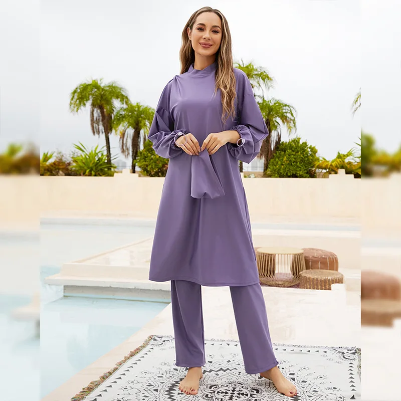 Purple Burkini 3 Pezzi Set Musulmano Hijab Donne Costumi Da Bagno Lunghi Islam Copertura Completa Costume Da Bagno Modesto Costumi Da Bagno Costumi