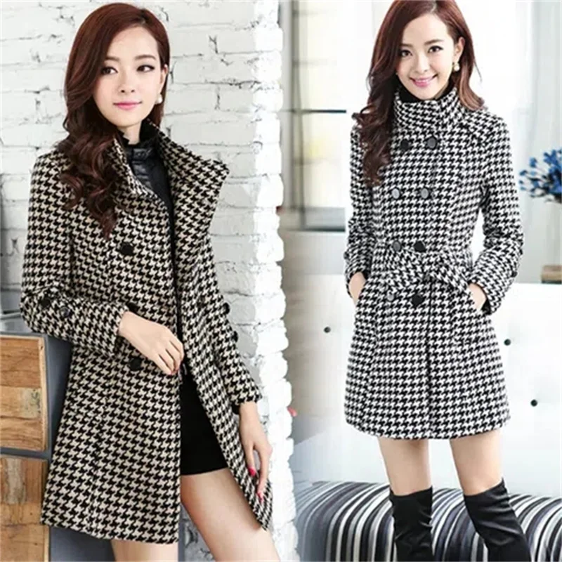 With or Without Cotton Optional Thousand Bird Check Windbreaker Double Breasted Slimming Wool Coat Medium Long Women's Commute X