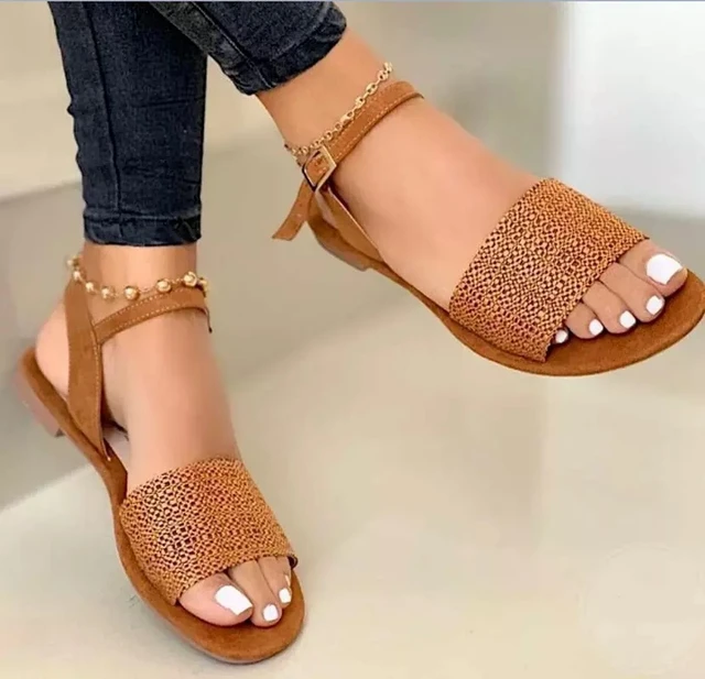 Sandalias planas de punta estrecha para mujer, zapatos de playa informales,  con hebilla en el tobillo y Correa, estilo romano, para verano - AliExpress