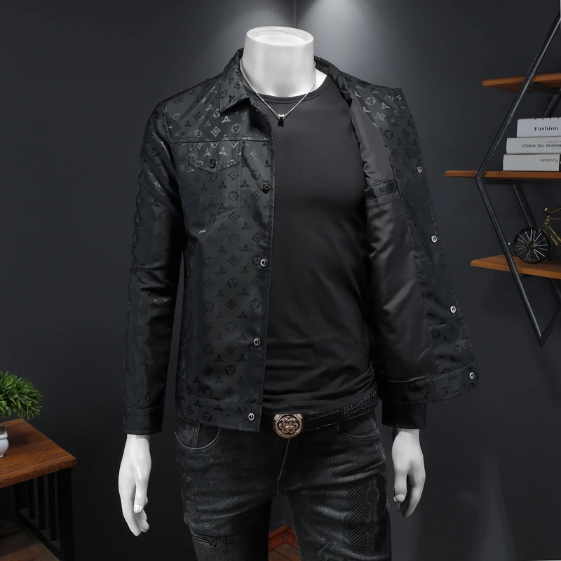 Luxury Men's Jacquard Print Jacket with Turn-down Collar for Fashionable Outfits  men clothing Spring Fashion Top