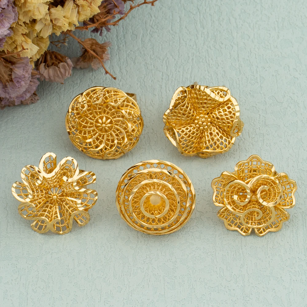 

Ethiopians Gold Plated Rings Italy Lady Elelgant Flower Rings Copper Wedding Bride Girl Trend Luxury Design Adjustable Ring Gift