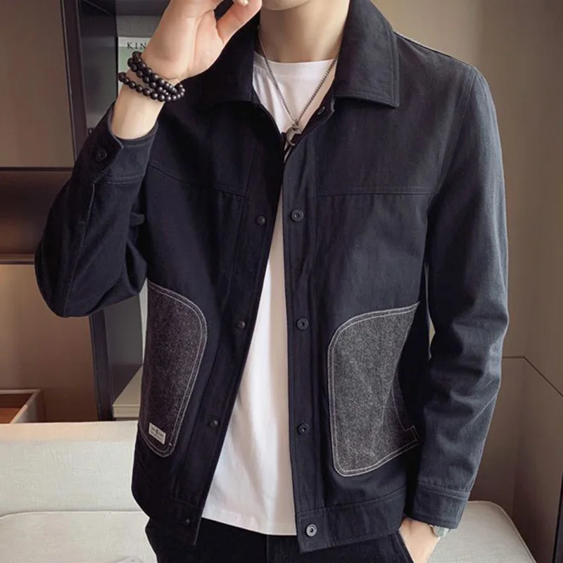 Fashion Lapel Spliced Pockets Printed Letter Coats Men's Clothing 2023 Autumn New Oversized Casual Tops Loose Korean Jackets