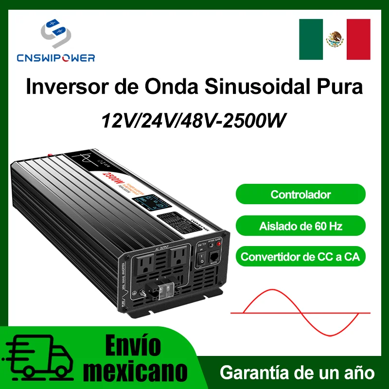 Inversor CNswipower 2500W de Onda Sinusoidal Pura, Convertidor de Voltaje CC a CA de 12V/24V/48V a 120V
