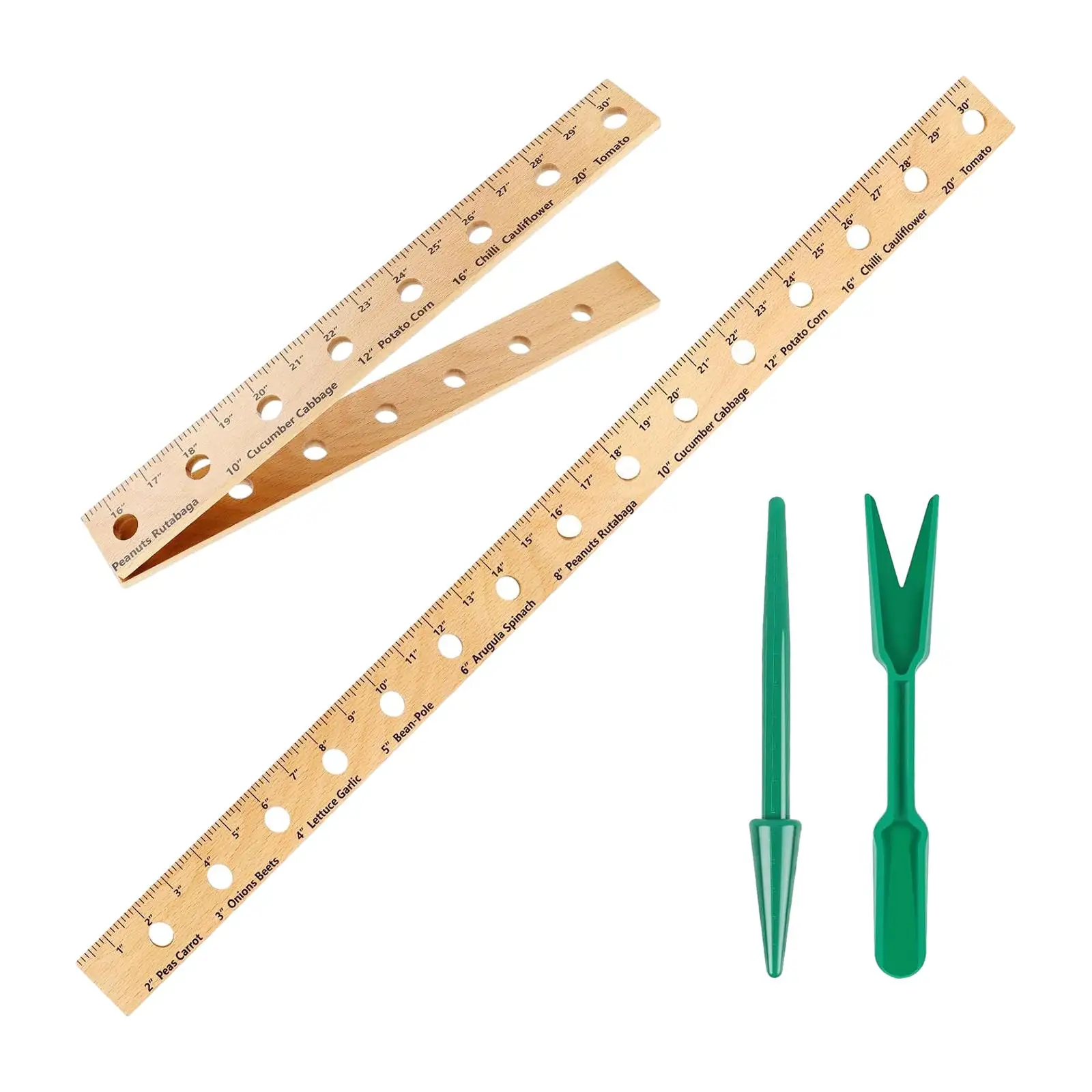 Wooden Planting Ruler with Hand Dibber Foldable with Transplanting Tongs Garden Spacer Tool for Vegetable Orchards Outdoor