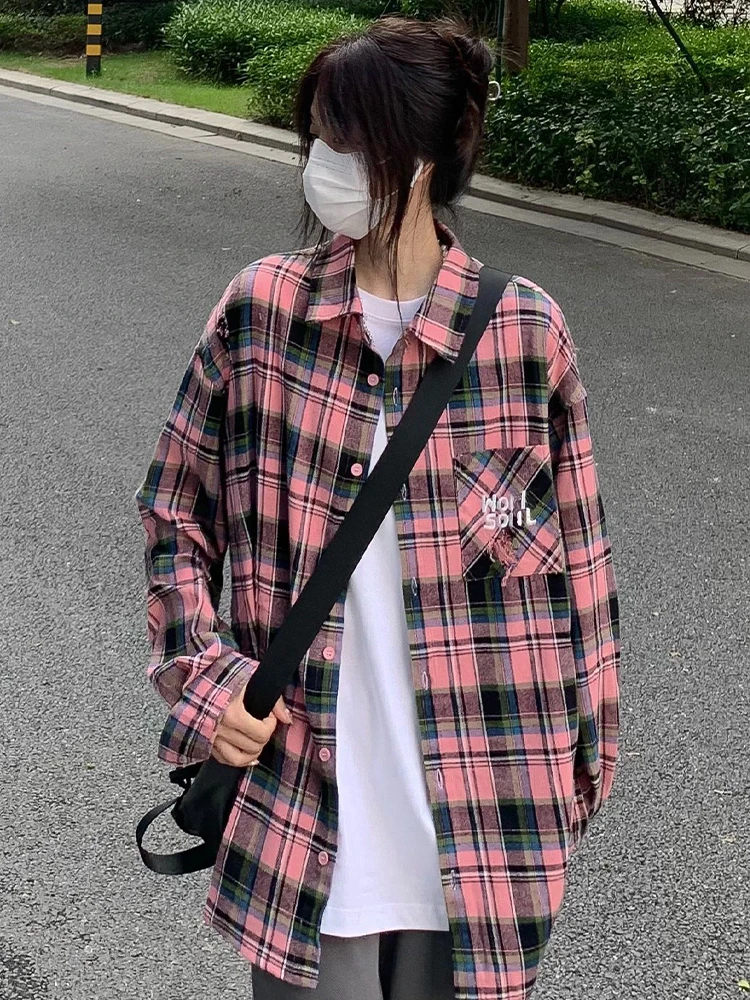 Autumn All Match Plaid Shirts For Women Korean Fashion Button Up Oversized Shirt Woman 2023 Aesthetic Loose Blouse Female