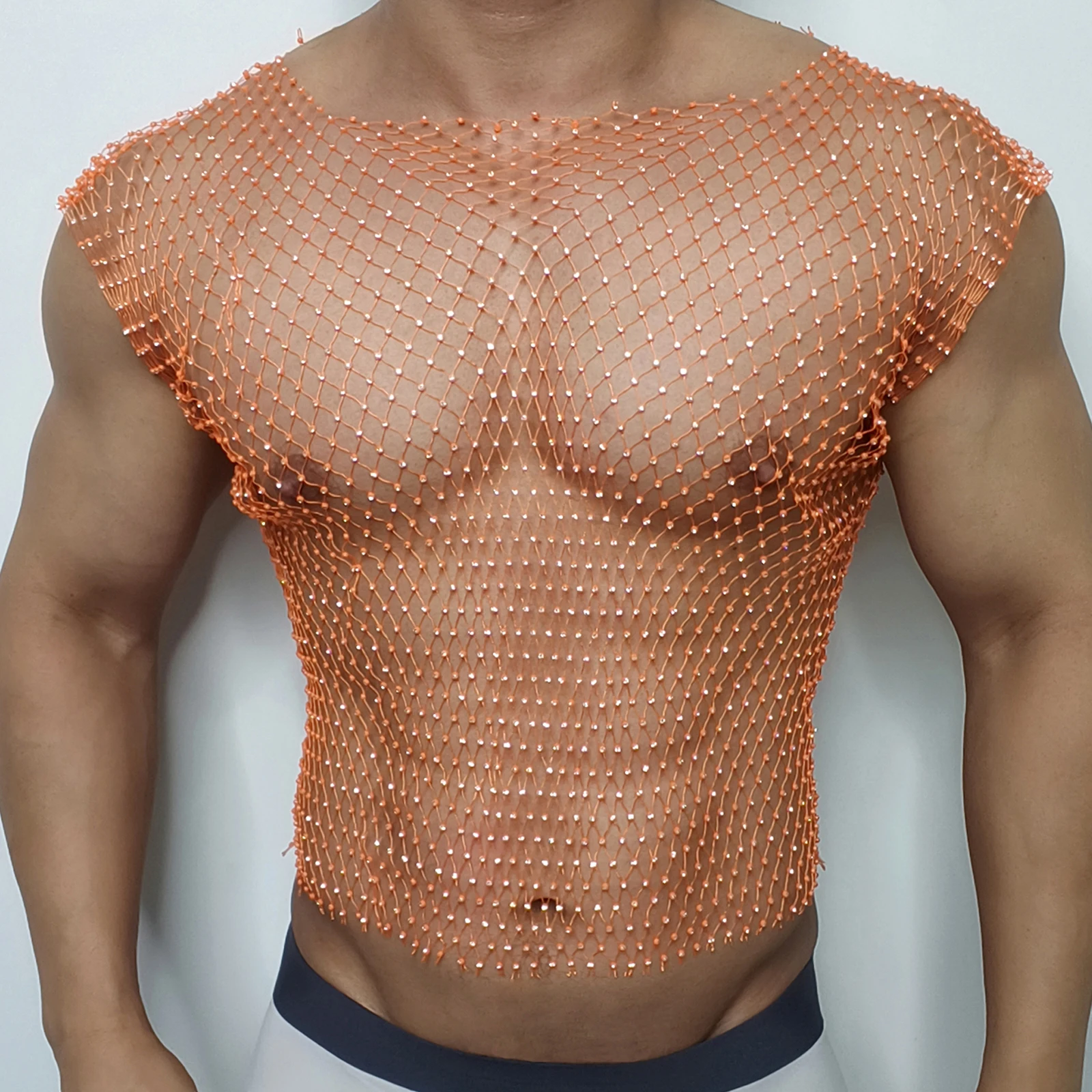 Men Sexy Tank Tops Fishnet Rhinestone Shiny Hollow Vest Man Mesh See-Through Sleeveless T-Shirt Transparent Clothing 5