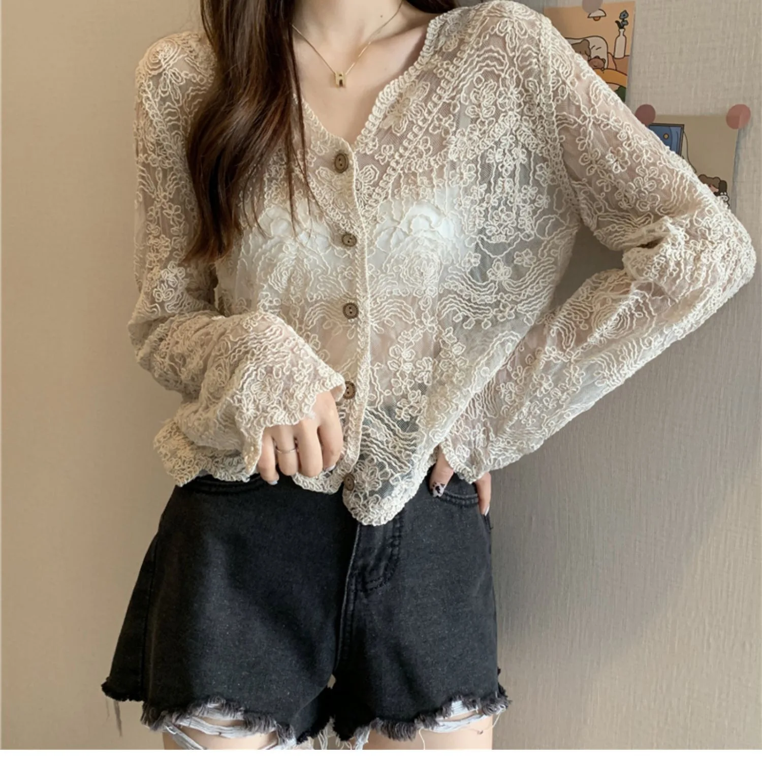 Women Lace Crochet Blouse Shirt Black White