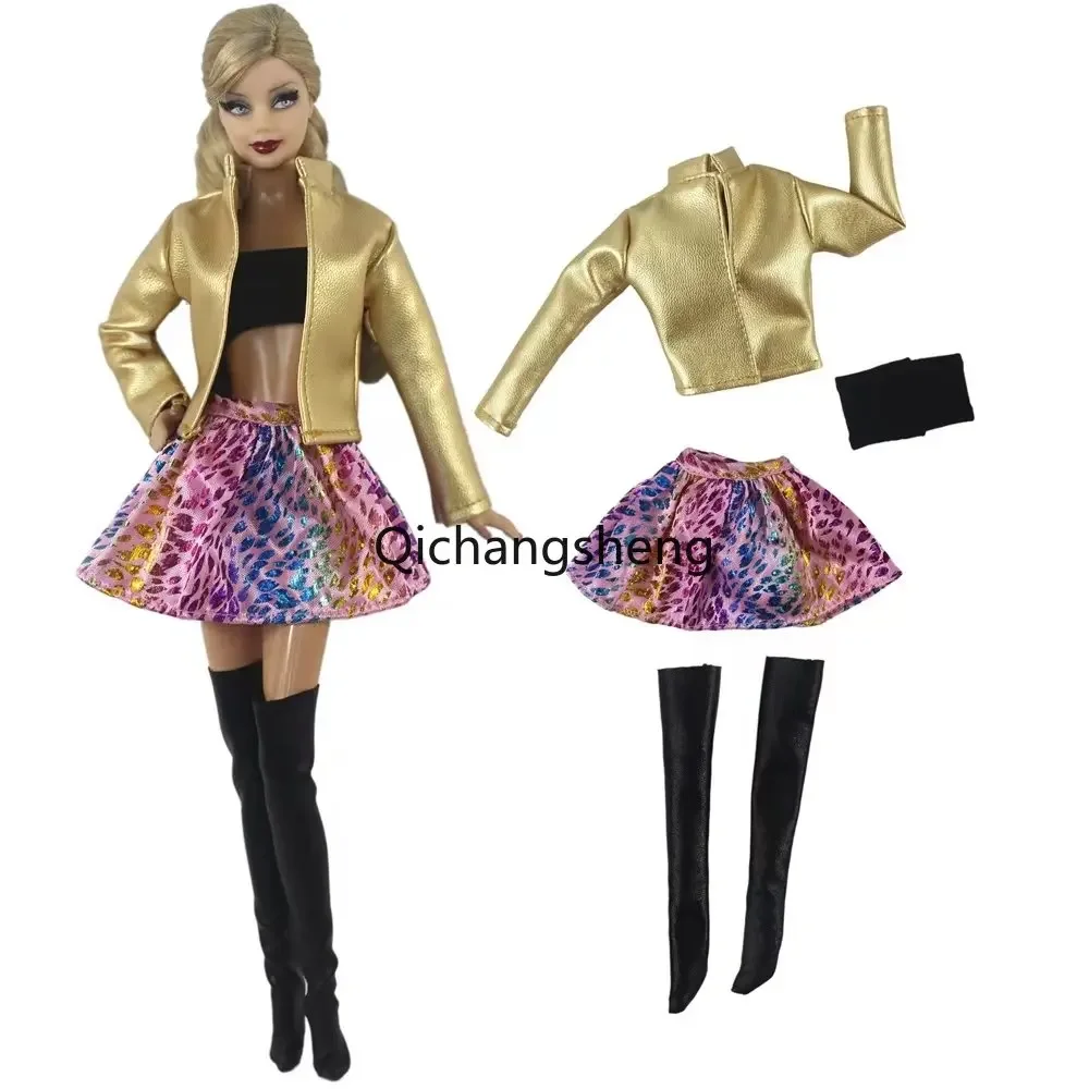 1/6 BJD Dolls Accessories Fashion Golden Clothes Set For Barbie Doll Outfits Leather Coat Jacket Tank Tops Skirt Boots Toy 11.5