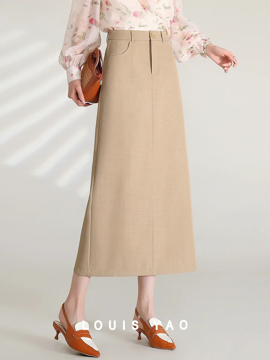 

Женская юбка с высокой талией LOUIS YAO, Повседневная модная базовая длинная Однотонная юбка А-силуэта, весна 2024