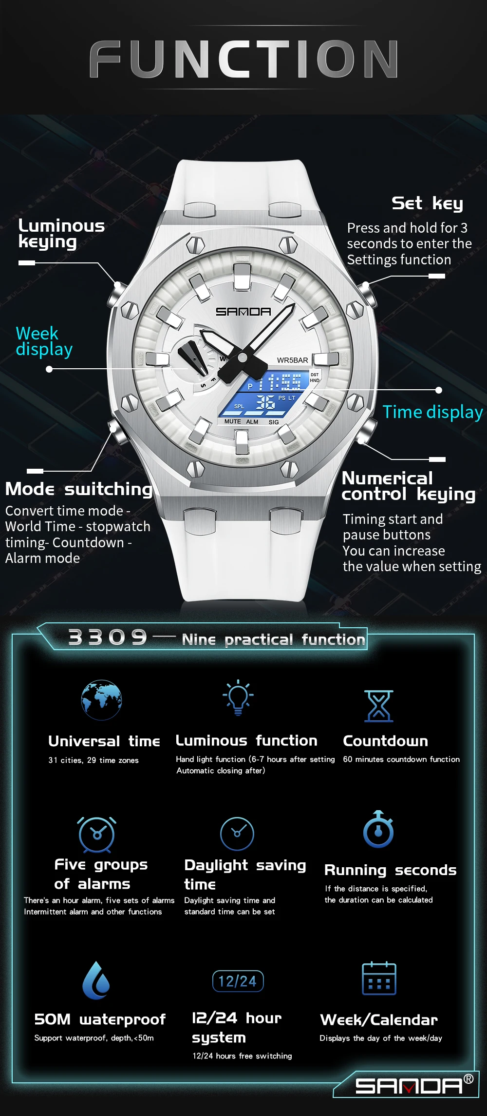 SANDA 3309 Top Brand New Men's Watches 5ATM Waterproof Sport Military Wristwatches Quartz Watch For Men Clock Relogio Masculino