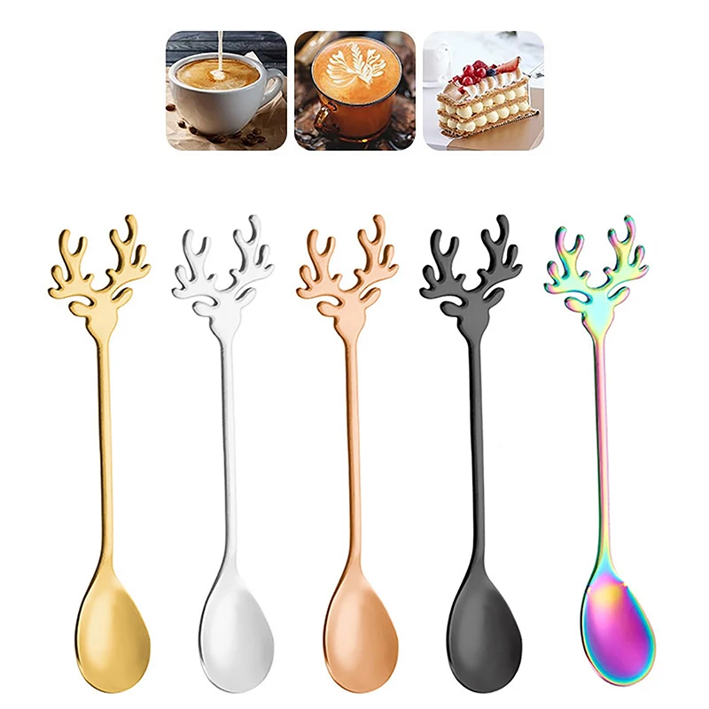 

1PC Cute Christmas Elk Spoon Stainless Steel Multicolor Deer Head Ice Cream Spoon Coffee Dessert Stirring Spoon Tableware Decor