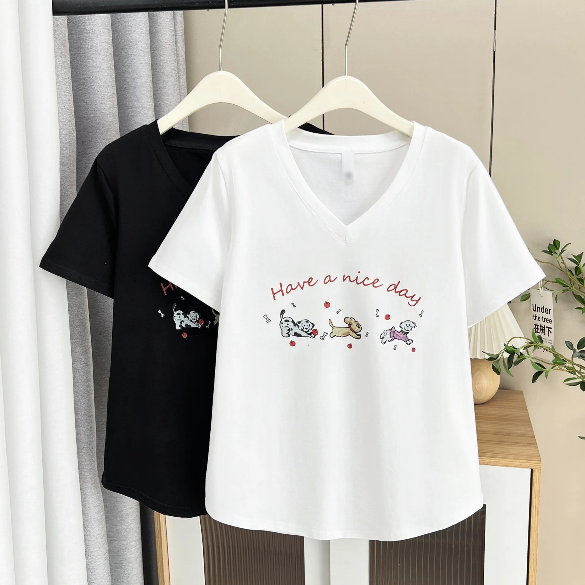 100KG Plus Size Women's Top Summer New V-neck Printed Letter Cartoon Short Sleeve Tops 6251
