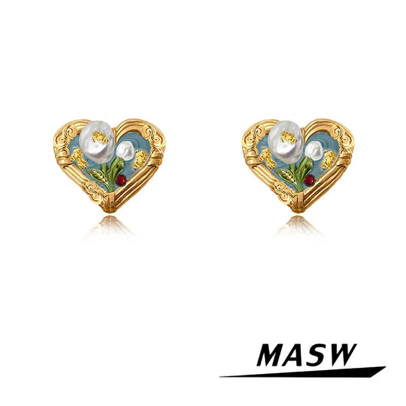 

MASW Original Design Spring Summer Style Sweet Heart Flower Stud Earrings For Women Girl Party Wedding Gift Fashion Jewelry