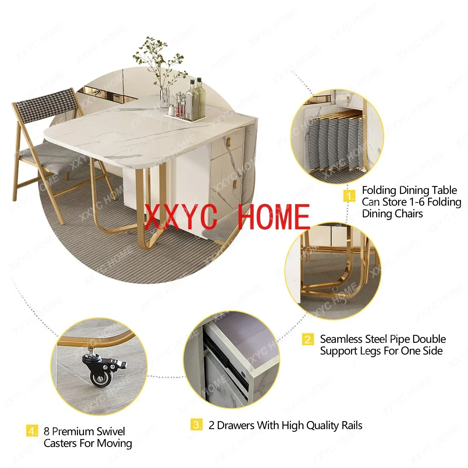 Movable Folding Dining Table with Storage Rack and 2 Drawers Extendable Versatile Kitchen Table and Metal Folding Dining Chairs