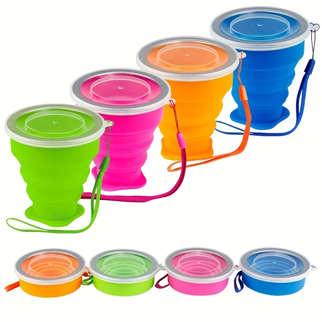 1Pack Silicone Collapsible Travel Water Cup Portable Camping Cup with Lids Food Grade Mugs Set for Outdoor Drinking