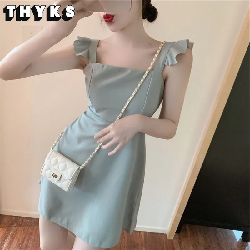 

Summer Women's Square Neck Vintage Suspender Skirt Ruffle Mini Skirt Sexy Temperament Women's Pure Color Simple Elegant Casual
