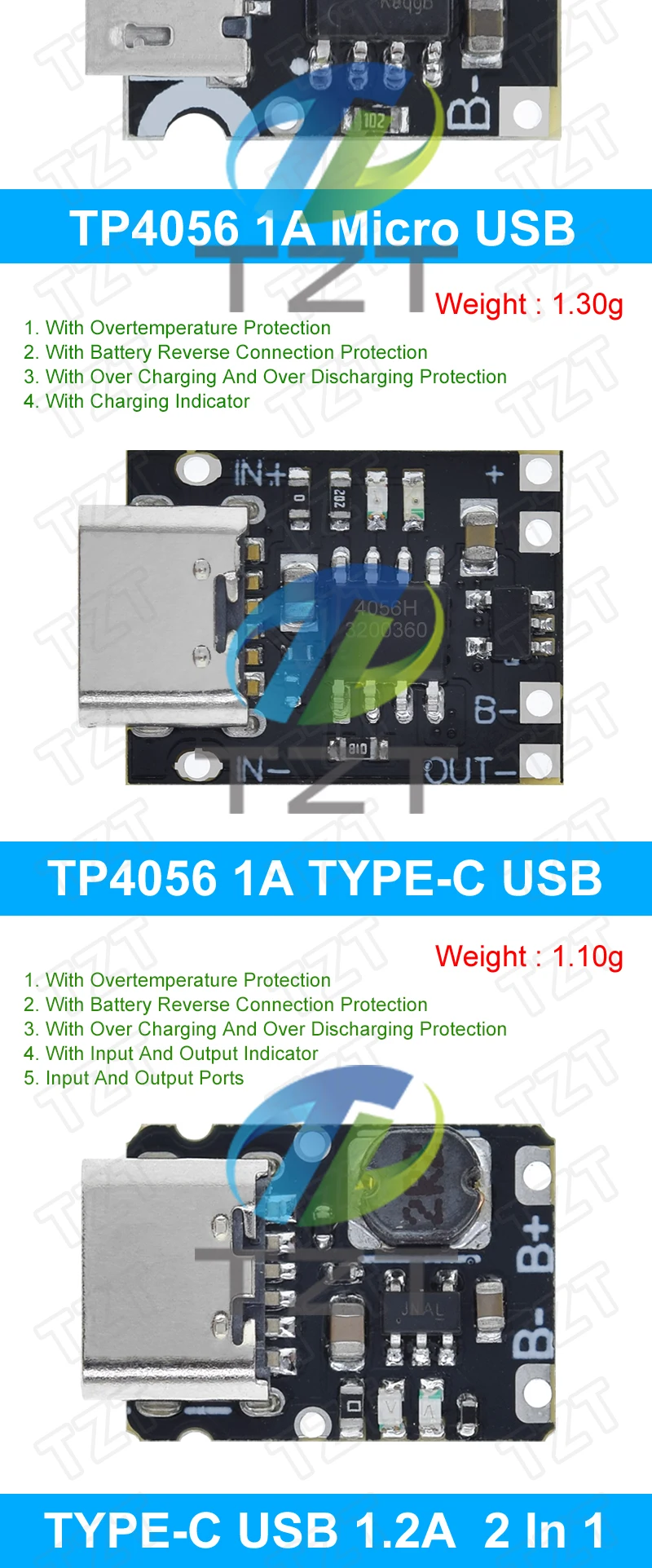 TZT 1/5/10PCS Typ-C USB TP4056 1A Lithium-Batterie Lade Schutz Bord Modul Polymer Batterie mit Temperatur Schutz – Detail 15
