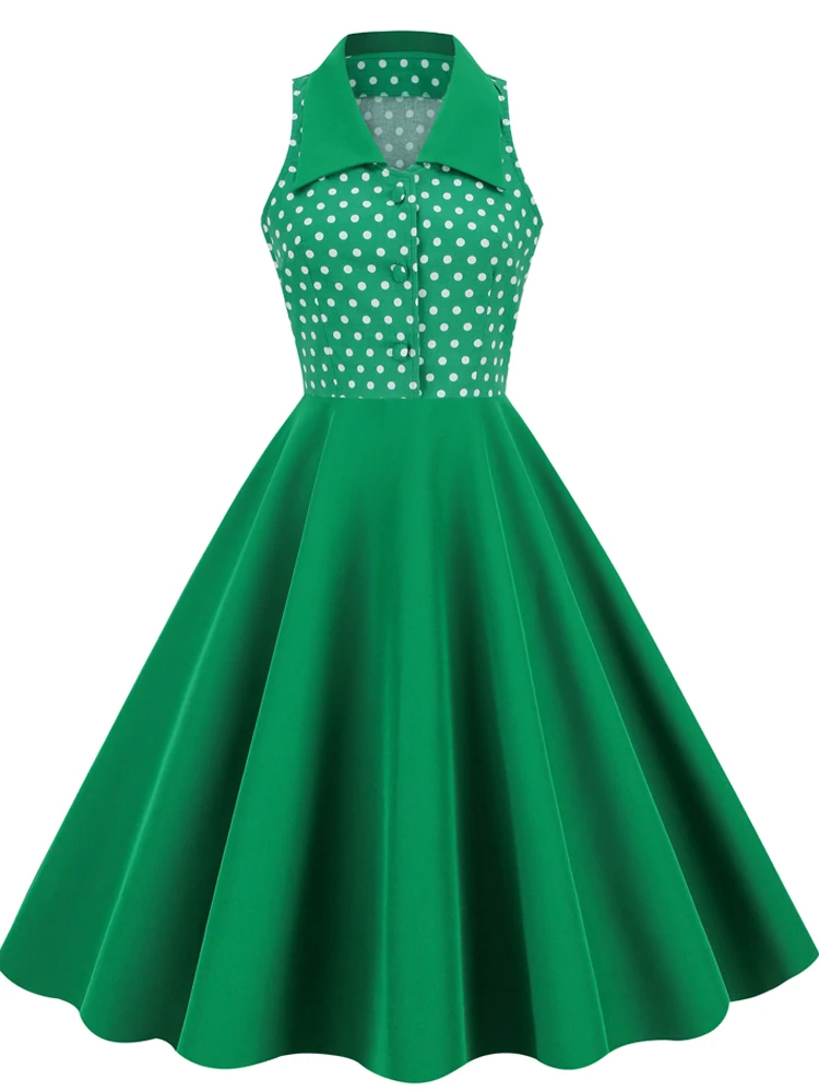 Polka Dot Print Green 50s Robe Pinup Vintage Midi Dress Sleeveless Turn