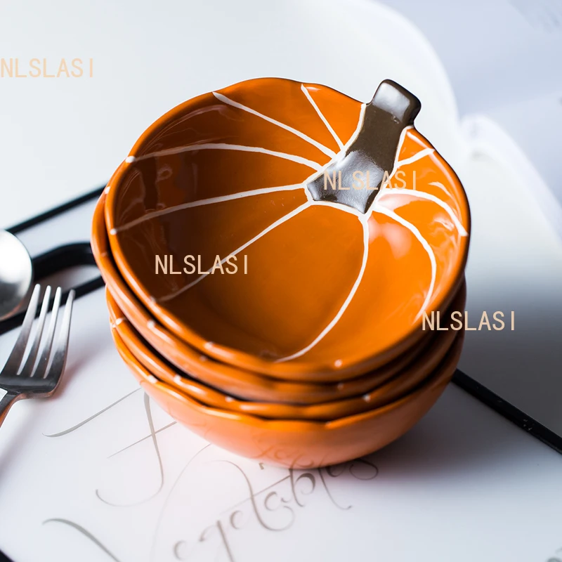 1pcs Ceramic Breakfast Bowls Cute Household Pumpkin Tableware Baby's Complementary Food Bowl Underglaze Colour Rice Washing Bowl