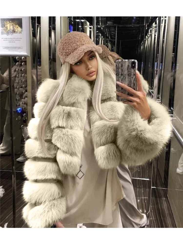 Fashion Short Faux Fur Coat Female 2023 Winter New Polo Collar Imitation Fox Fur Long Sleeve Stitching Jackets for Women
