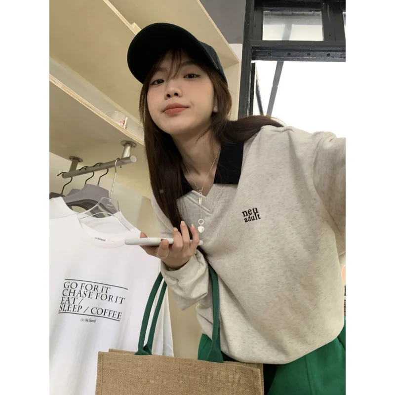 

Women's Clothing Grey Vintage Pullover Letter Embroidery Long Sleeves Casual Street Hip Hop 2023 Autumn Y2K Baggy Female Tops