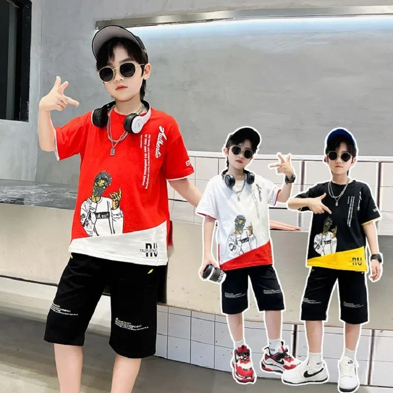 

Summer Boys Cotton Contrast Graffiti Cartoon t-Shirt Tops Shorts Pant School Kids Tracksuit Child 2PCS Outfit Workout Set 5-14Yr