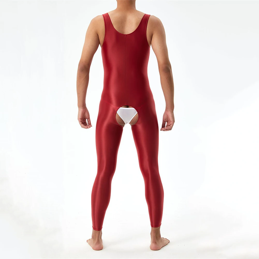 Men Crotchless Bodysuit Erotic Underwear Sexy Glossy Oil Shiny Jumpsuit Sleeveless FullBody Stockings Elastic Seductive Lingerie