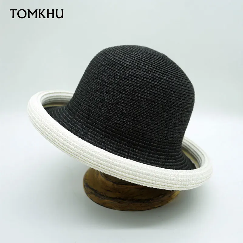 

French Vintage Hepburn Style Black White Patchwork Curled Fedora Hat Women Summer Straw Hat Holiday Beach Wide Brim Bucket Cap