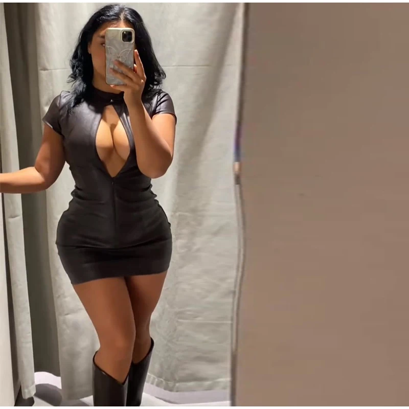 Damen-Minikleid aus massivem PU-Leder mit kurzen Ärmeln, hohem Ausschnitt, Reißverschluss, Hüftpaket, Taille, Cinching-Kleider, 2025, Herbst-Moto-Kleidung – Detail 4