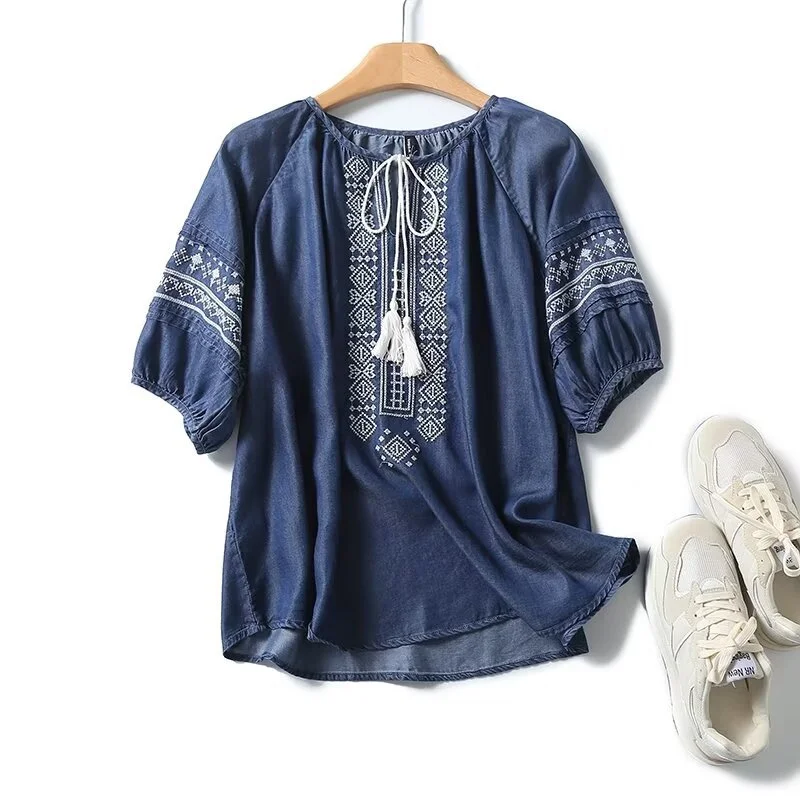 

Vintage women's shirt ethnic short sleeve embroidery tassels denim blouses luxury tops for occasions boho clothing