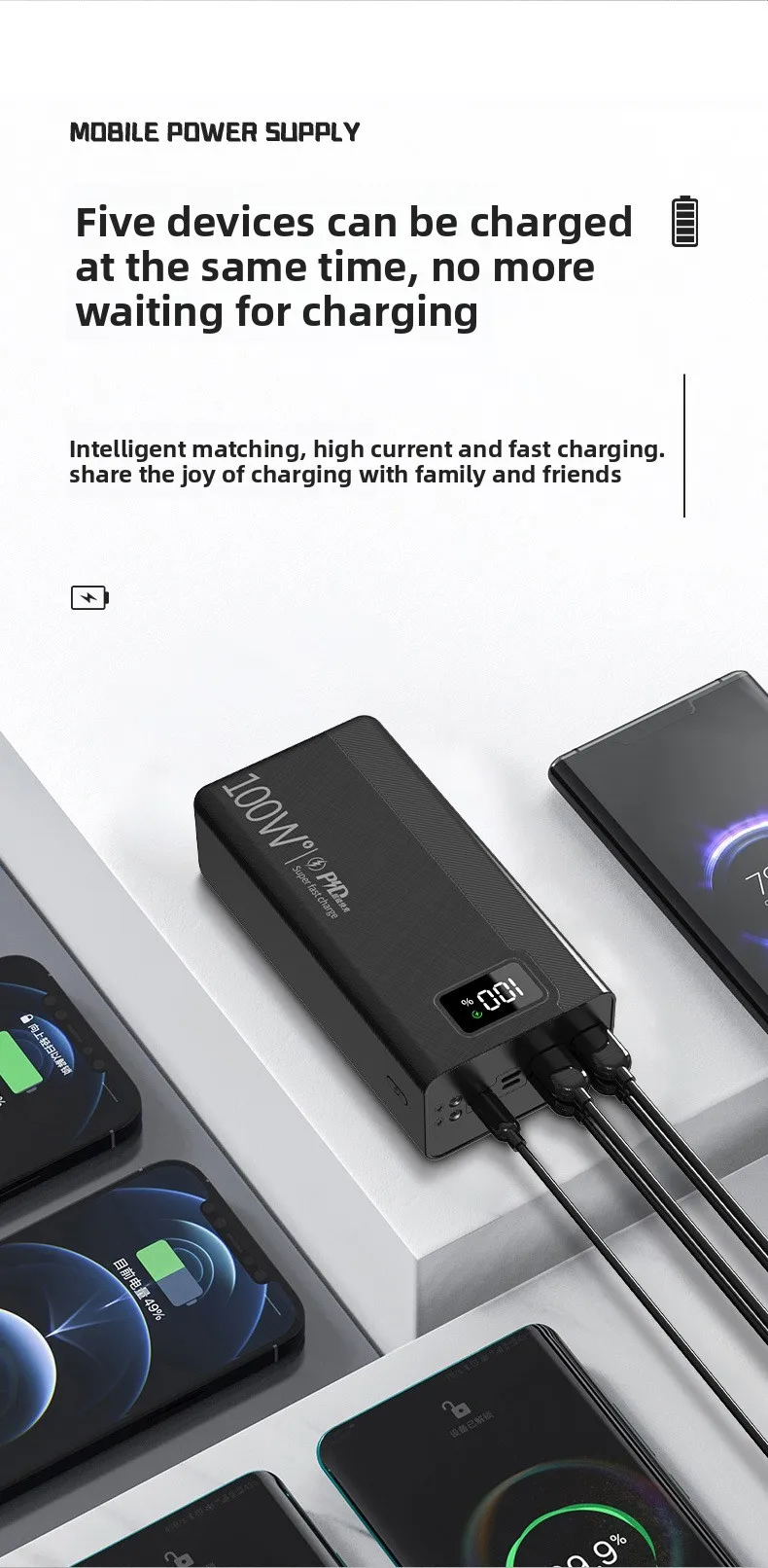 50000mAh 대용량 고속 충전 보조배터리 휴대용 야외 여행용 외장 배터리 팩