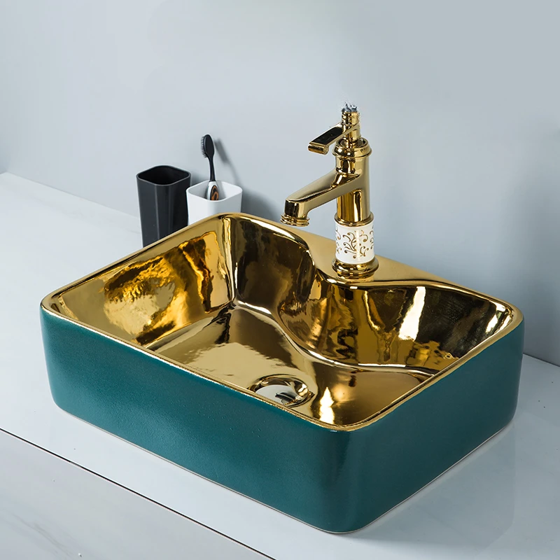 

European style countertop basin, light luxury, ultra-thin gold washbasin, ceramic single sided basin, green square washbasin