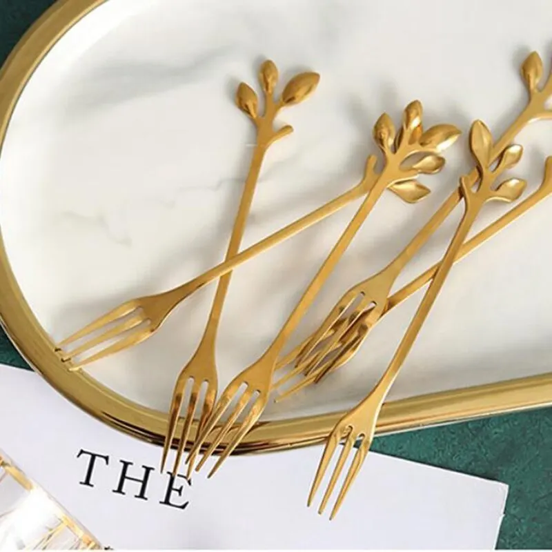 6Pcs Creative Stainless Steel Gold Flatware Fruit Fork Dinnerware Appetizer Snack Dessert Fork Kitchen Tableware Leaf Shape