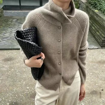 Turtleneck Cardigan Ladies 100% pure woolen sweater Autumn and winter loose thickened cashmere base sweater knitted coat tide 1