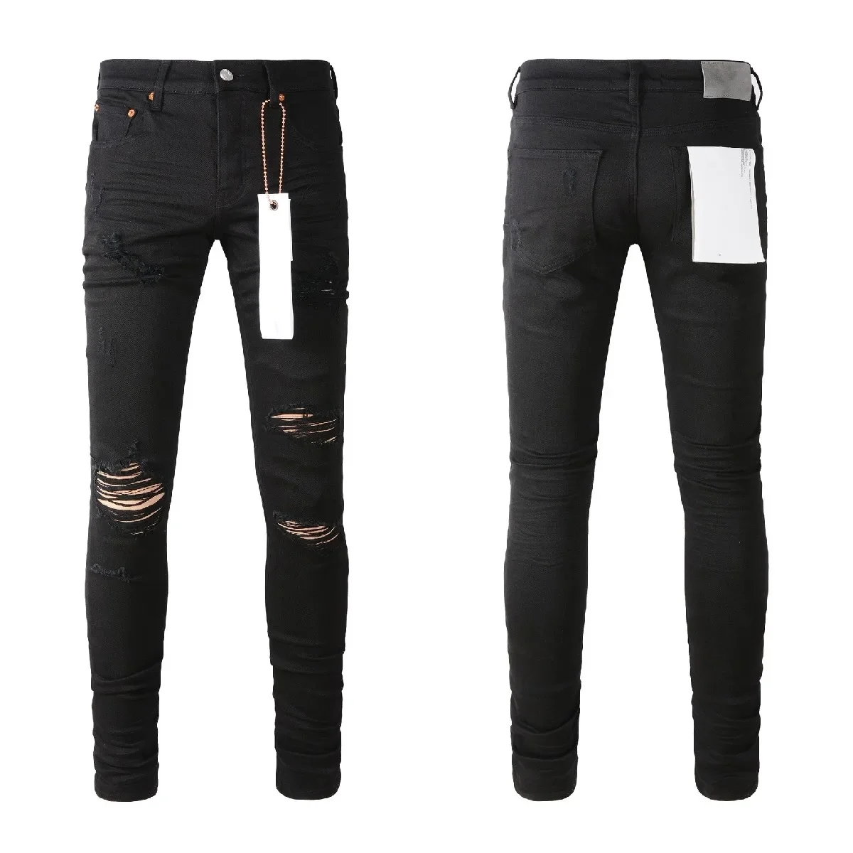 Fashion Purples jeans Men with high street black brand pleats top quality Hole Ripped Repair Low Rise Elastic Skinny Denim pants