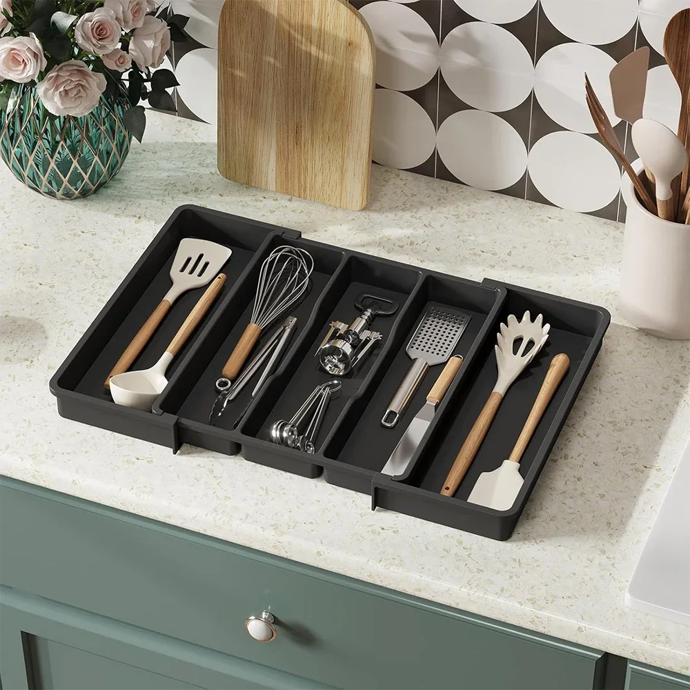hot sales Expandable Cooking Utensil Organizer Tray Cutlery Silverware Flatware Holder Kitchen Utensil Storage Divider JT304 6