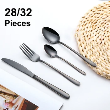 24/28/32 Pezzi Stoviglie Nere Set di Posate Occidentali in Acciaio Inossidabile Set da Cena Elegante Specchio Coltello Forchetta Cucchiaio Utensili da Cucina 1