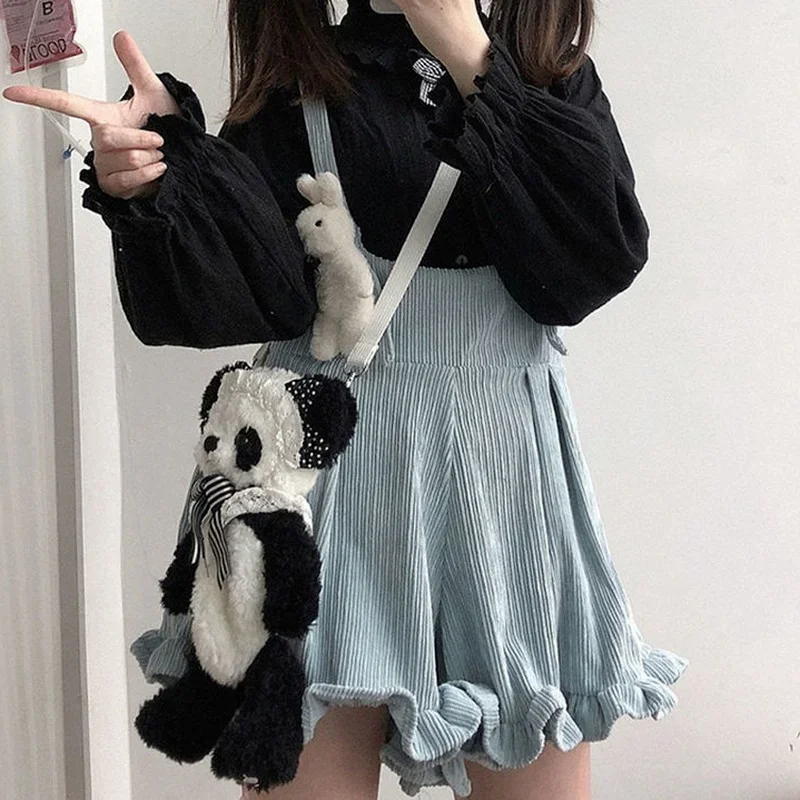 Women Jumpsuit Kawaii Solid Corduroy Jumpsuit Lolita Ruffle Loose Spring Korean Version of Ulzzang Harajuku Casual Soft Clothing